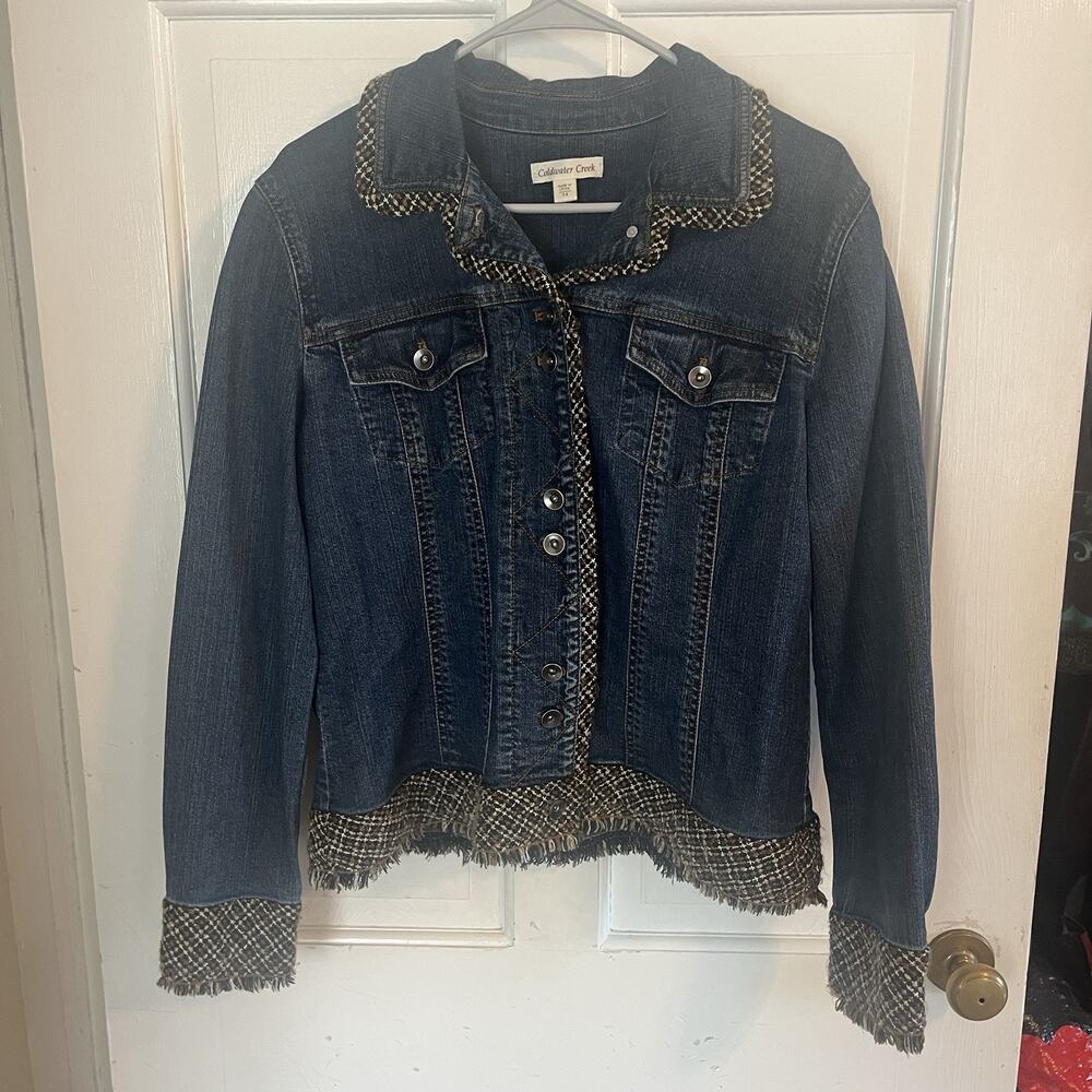 Coldwater Creek Denim Jacket 14 Brown/Black Woven Trim Fringe Classic Western - Picture 2 of 14